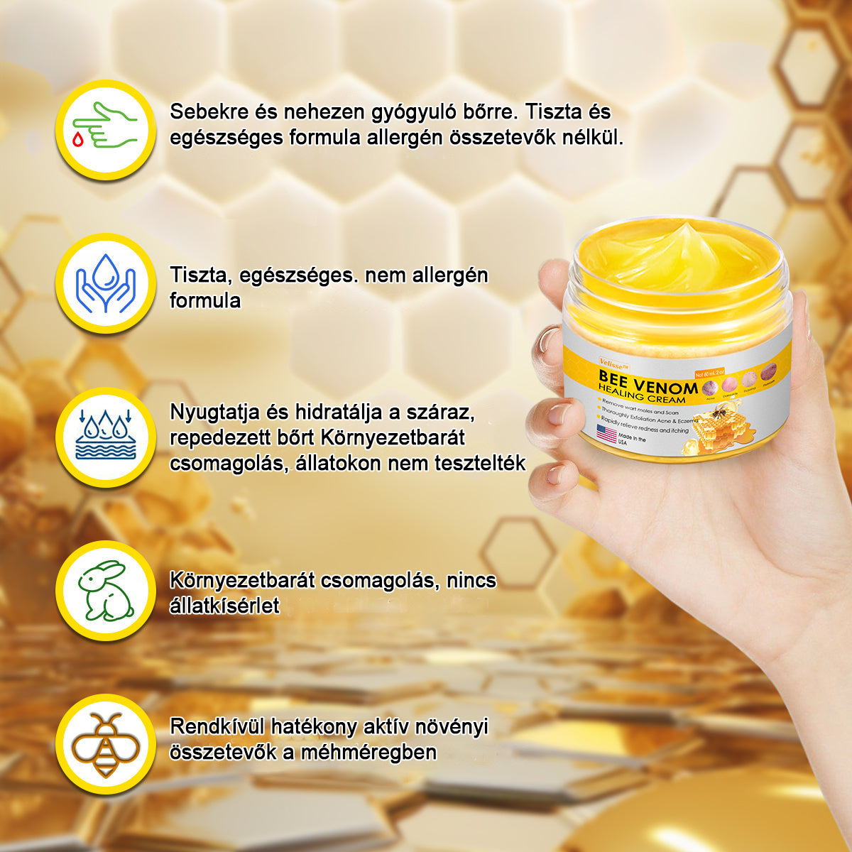 2024 ÚJ Velisse™ méhméreg bőrkrém（🧑‍⚕️AAD ajánlott), a szemölcsök, akné és hegek eltávolítására – többféle bőrbetegség kezelésére