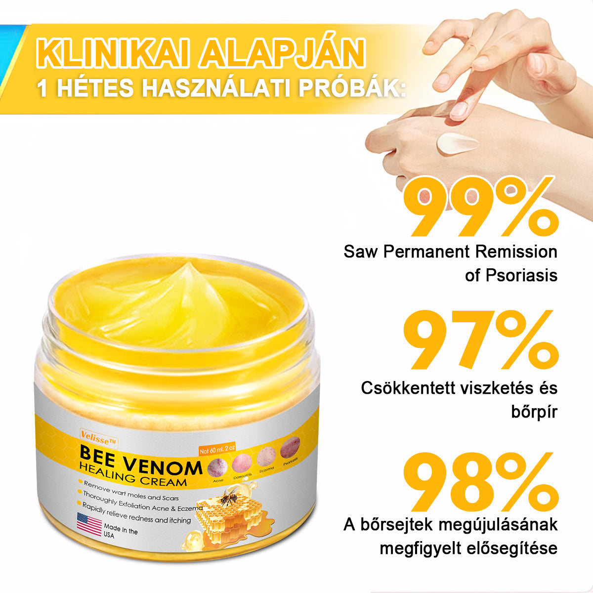 2024 ÚJ Velisse™ méhméreg bőrkrém（🧑‍⚕️AAD ajánlott), a szemölcsök, akné és hegek eltávolítására – többféle bőrbetegség kezelésére
