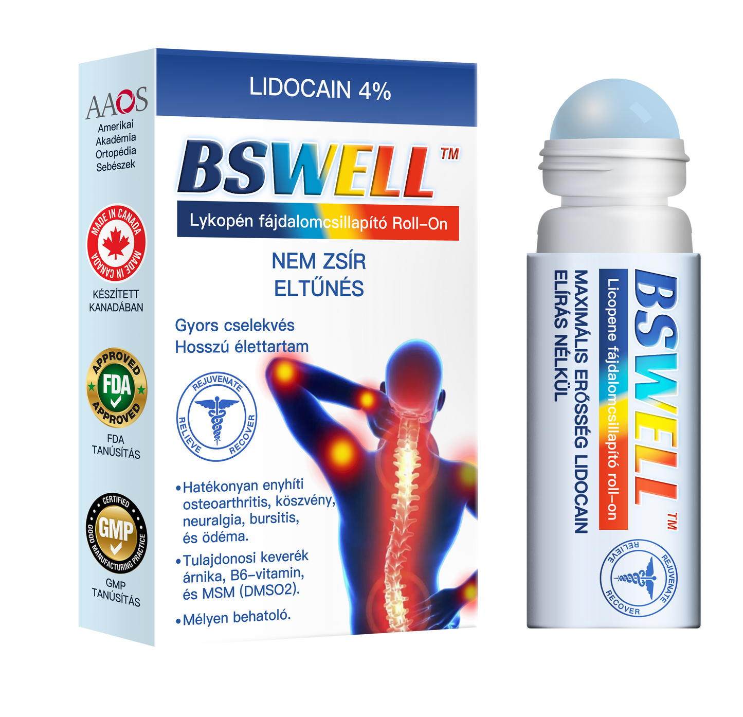 Lidocain Fájdalomcsillapító Roll-On Gélt(csökkenti az ízületi duzzanatot, fájdalmat, merevséget, bőrpírt, melegséget, fájdalmat és ízületi fáradtságot ), 4% Lidocain, Glükozamin, MSM, Arnica, Chondroitin, K2-vitamin🔥